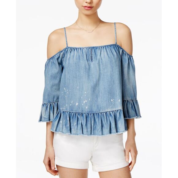 Free Heart Verna Denim Ruffled Cold Shoulder Top - Picture 1 of 4